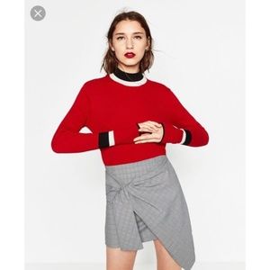 Zara Ribbed High Neck Sweater Red w/Black & White
